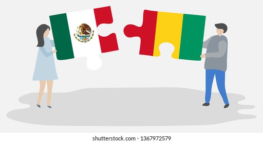 Couple holding two puzzles pieces with Mexican and Guinean flags. Mexico and Guinea national symbols together.