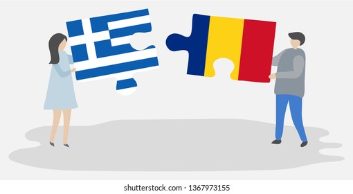 Couple holding two puzzles pieces with Greek and Romanian flags. Greece and Romania national symbols together.