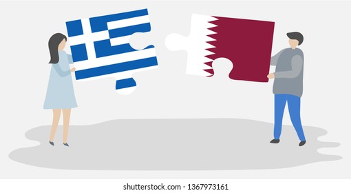 Couple holding two puzzles pieces with Greek and Qatari flags. Greece and Qatar national symbols together.