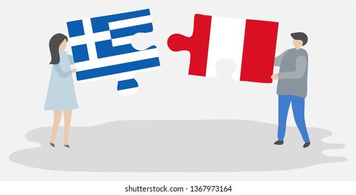 Couple holding two puzzles pieces with Greek and Peruvian flags. Greece and Peru national symbols together.