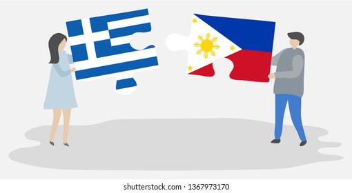 Couple holding two puzzles pieces with Greek and Filipino flags. Greece and Philippines national symbols together.