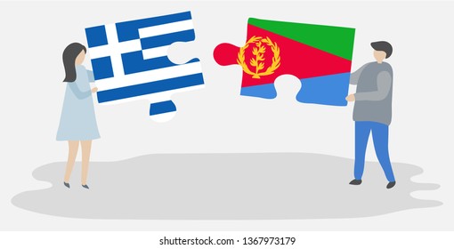 Couple holding two puzzles pieces with Greek and Eritrean flags. Greece and Eritrea national symbols together.