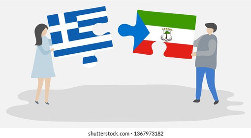 Couple holding two puzzles pieces with Greek and Equatorial Guinean flags. Greece and Equatorial Guinea national symbols together.