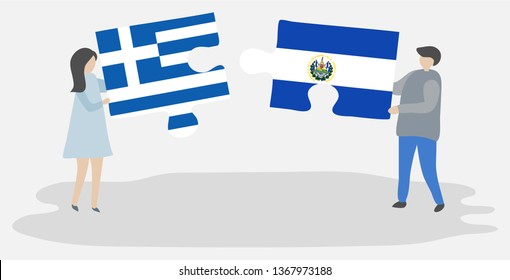 Couple holding two puzzles pieces with Greek and Salvadoran flags. Greece and El Salvador national symbols together.