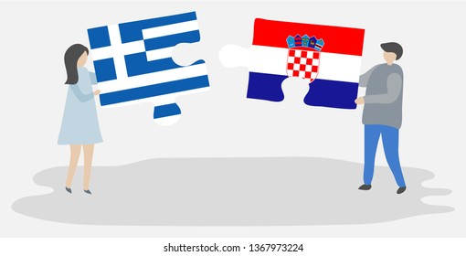 Couple holding two puzzles pieces with Greek and Croatian flags. Greece and Croatia national symbols together.