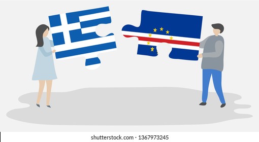 Couple holding two puzzles pieces with Greek and Cabo Verdean flags. Greece and Cape Verde national symbols together.