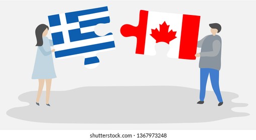 Couple holding two puzzles pieces with Greek and Canadian flags. Greece and Canada national symbols together.