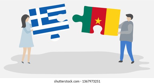 Couple holding two puzzles pieces with Greek and Cameroonian flags. Greece and Cameroon national symbols together.