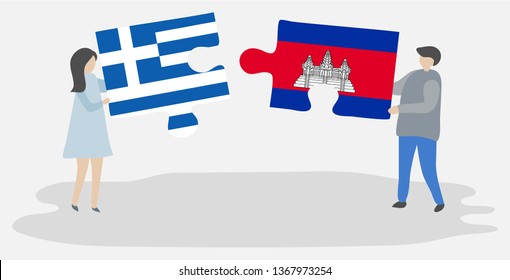 Couple holding two puzzles pieces with Greek and Cambodian flags. Greece and Cambodia national symbols together.