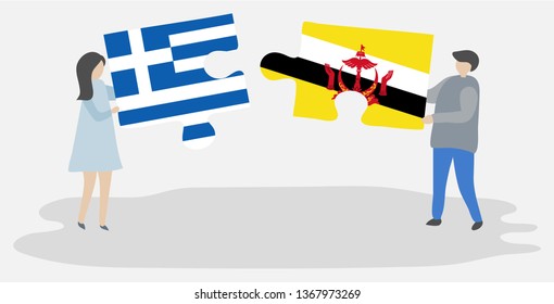 Couple holding two puzzles pieces with Greek and Bruneian flags. Greece and Brunei national symbols together.