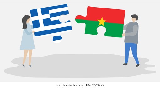 Couple holding two puzzles pieces with Greek and Burkinabe flags. Greece and Burkina Faso national symbols together.