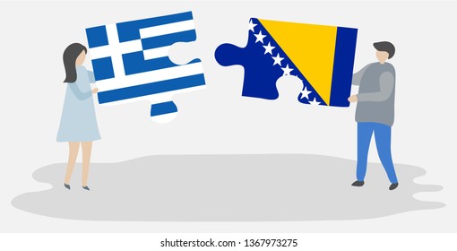 Couple holding two puzzles pieces with Greek and Bosnian flags. Greece and Bosnia and Herzegovina national symbols together.
