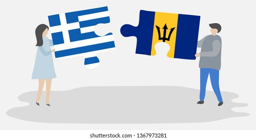Couple holding two puzzles pieces with Greek and Barbadian flags. Greece and Barbados national symbols together.