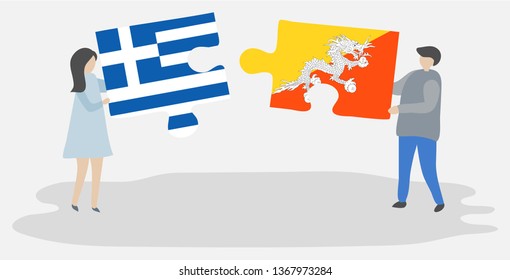 Couple holding two puzzles pieces with Greek and Bhutanese flags. Greece and Bhutan national symbols together.