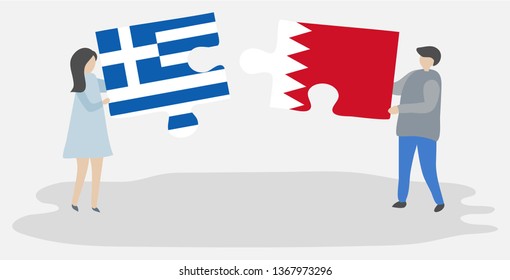 Couple holding two puzzles pieces with Greek and Bahraini flags. Greece and Bahrain national symbols together.