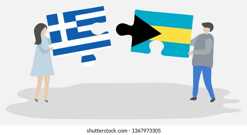 Couple holding two puzzles pieces with Greek and Bahamian flags. Greece and Bahamas national symbols together.