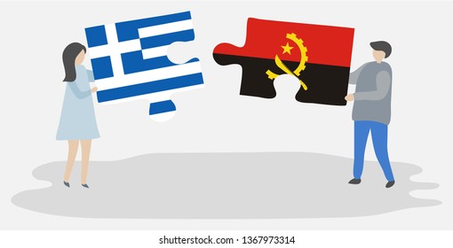 Couple holding two puzzles pieces with Greek and Angolan flags. Greece and Angola national symbols together.
