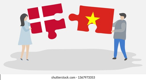 Couple holding two puzzles pieces with Danish and Vietnamese flags. Denmark and Vietnam national symbols together.
