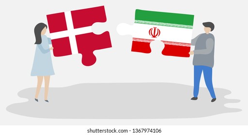 Couple holding two puzzles pieces with Danish and Iranian flags. Denmark and Iran national symbols together.