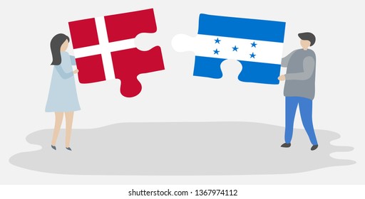 Couple holding two puzzles pieces with Danish and Honduran flags. Denmark and Honduras national symbols together.