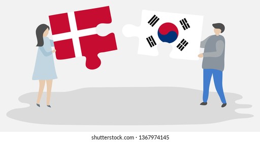 Couple holding two puzzles pieces with Danish and South Korean flags. Denmark and South Korea national symbols together.