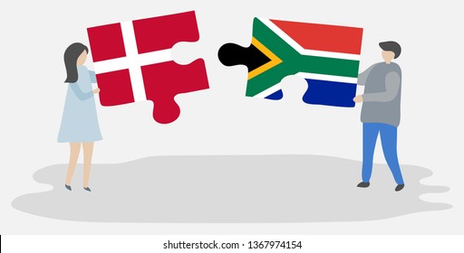 Couple holding two puzzles pieces with Danish and South African flags. Denmark and South Africa national symbols together.