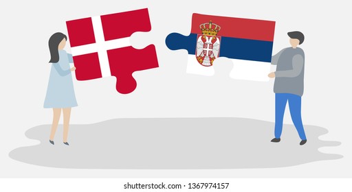 Couple holding two puzzles pieces with Danish and Serbian flags. Denmark and Serbia national symbols together.