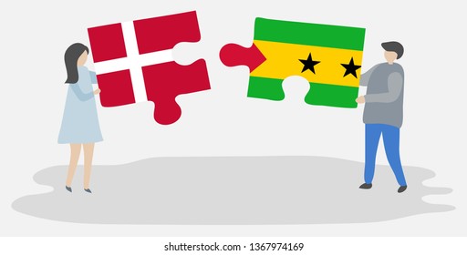 Couple holding two puzzles pieces with Danish and Sao Tomean flags. Denmark and Sao Tome and Principe national symbols together.