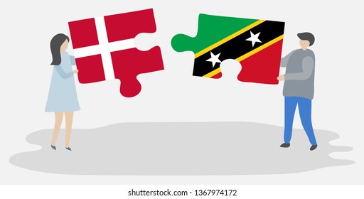 Couple holding two puzzles pieces with Danish and Kittitian flags. Denmark and Saint Kitts and Nevis national symbols together.