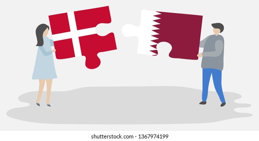 Couple holding two puzzles pieces with Danish and Qatari flags. Denmark and Qatar national symbols together.