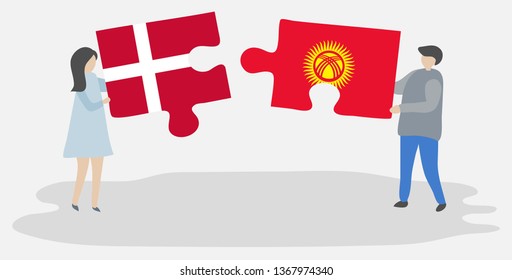 Couple holding two puzzles pieces with Danish and Kirgiz flags. Denmark and Kyrgyzstan national symbols together.