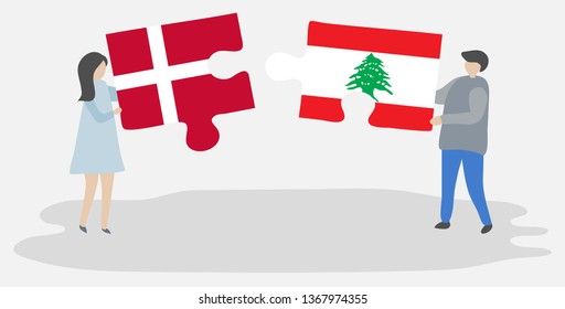 Couple holding two puzzles pieces with Danish and Lebanese flags. Denmark and Lebanon national symbols together.