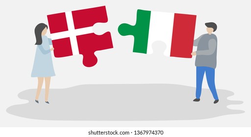 Couple holding two puzzles pieces with Danish and Italian flags. Denmark and Italy national symbols together.