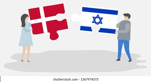 Couple holding two puzzles pieces with Danish and Israeli flags. Denmark and Israel national symbols together.