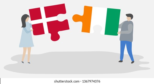 Couple holding two puzzles pieces with Danish and Ivorian flags. Denmark and Ivory Coast national symbols together.