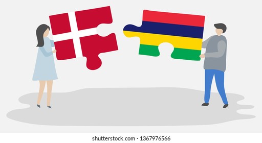 Couple holding two puzzles pieces with Danish and Mauritian flags. Denmark and Mauritius national symbols together.