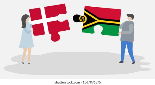 Couple holding two puzzles pieces with Danish and Vanuatuan flags. Denmark and Vanuatu national symbols together.