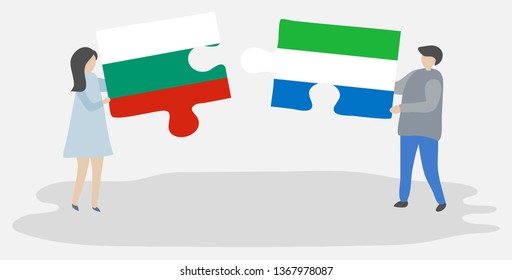 Couple holding two puzzles pieces with Bulgarian and Sierra Leonean flags. Bulgaria and Sierra Leone national symbols together.