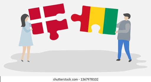 Couple holding two puzzles pieces with Danish and Guinean flags. Denmark and Guinea national symbols together.