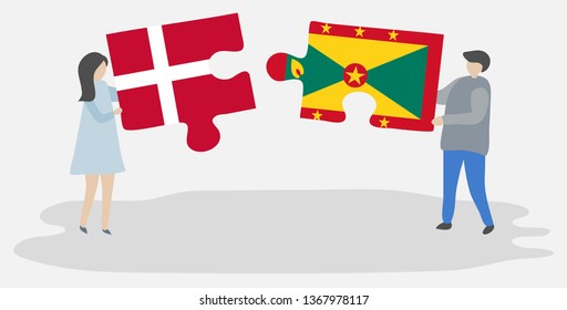 Couple holding two puzzles pieces with Danish and Grenadian flags. Denmark and Grenada national symbols together.