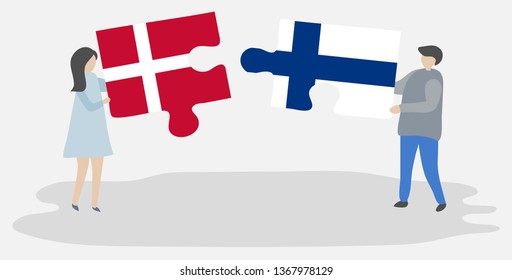 Couple holding two puzzles pieces with Danish and Finnish flags. Denmark and Finland national symbols together.
