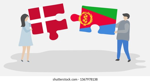 Couple holding two puzzles pieces with Danish and Eritrean flags. Denmark and Eritrea national symbols together.