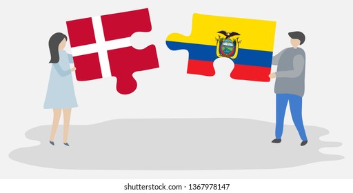 Couple holding two puzzles pieces with Danish and Ecuadorian flags. Denmark and Ecuador national symbols together.