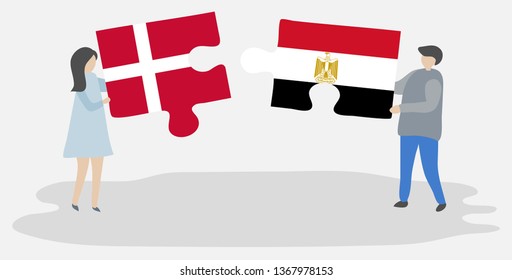 Couple holding two puzzles pieces with Danish and Egyptian flags. Denmark and Egypt national symbols together.