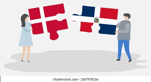 Couple holding two puzzles pieces with Danish and Dominican flags. Denmark and Dominican Republic national symbols together.