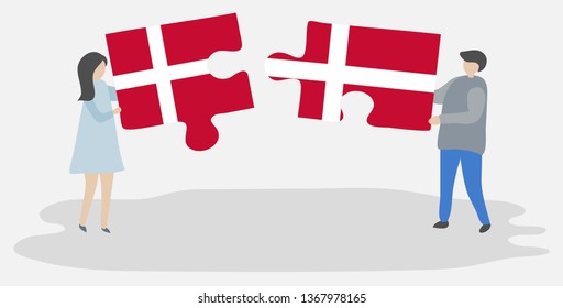 Couple holding two puzzles pieces with Danish and Danish flags. Denmark and Denmark national symbols together.