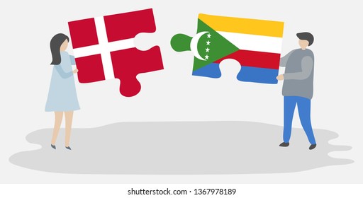 Couple holding two puzzles pieces with Danish and Comoran flags. Denmark and Comoros national symbols together.