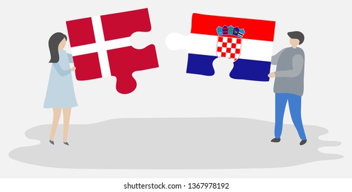 Couple holding two puzzles pieces with Danish and Croatian flags. Denmark and Croatia national symbols together.
