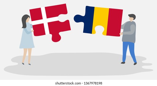 Couple holding two puzzles pieces with Danish and Chadian flags. Denmark and Chad national symbols together.