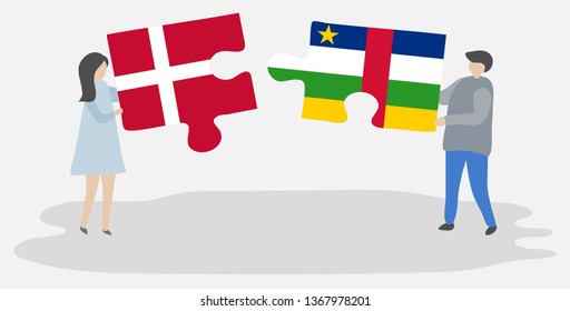 Couple holding two puzzles pieces with Danish and Central African flags. Denmark and Central African Republic national symbols together.